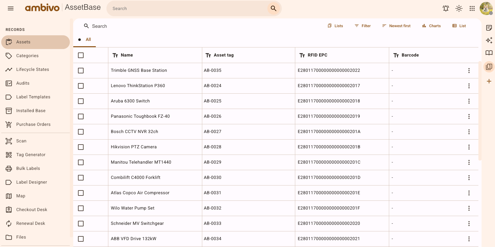 Ambivo AssetBase asset registry listing equipment with asset tags, RFID EPC codes, and barcodes