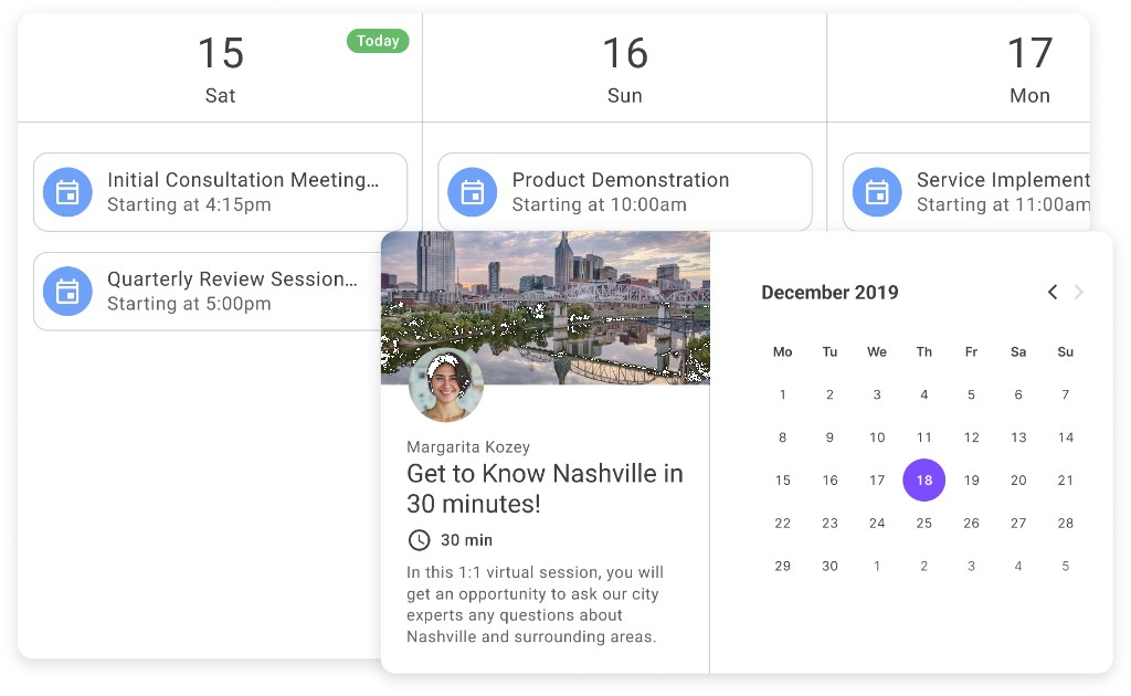 Ambivo calendar with scheduled appointments and booking flow showing date picker and session details