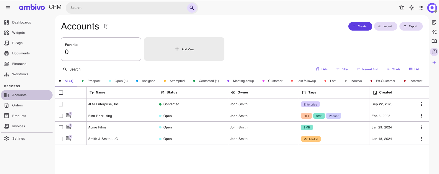 Ambivo Commerce accounts list with status, owner, tags, and creation date columns