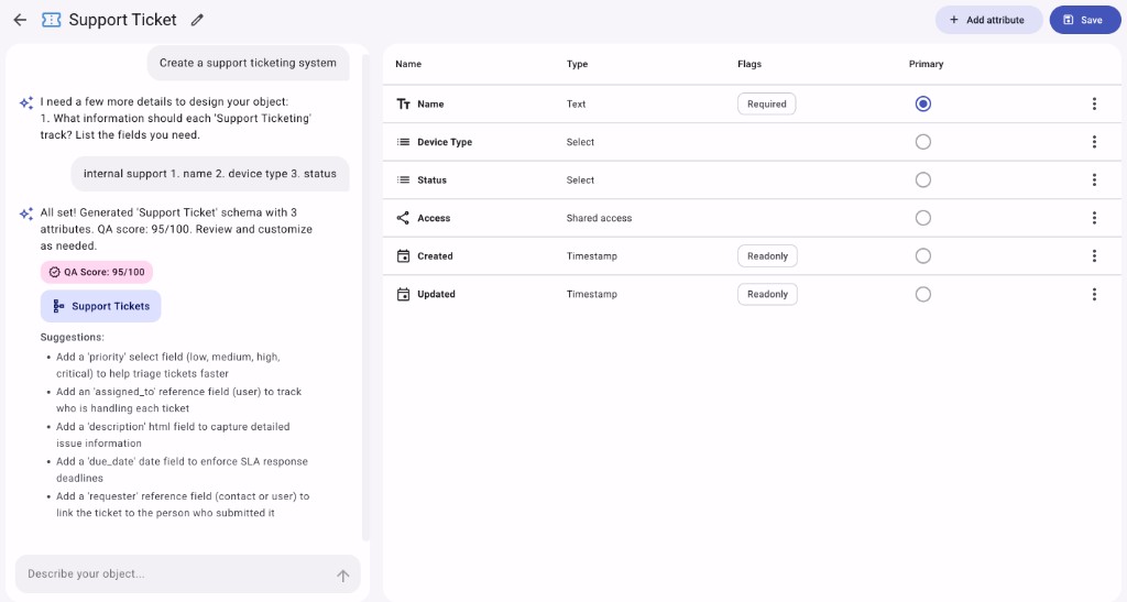 Ambivo Object Studio creating a Support Ticket custom object with Ask Ambivo chat, QA score, and schema builder
