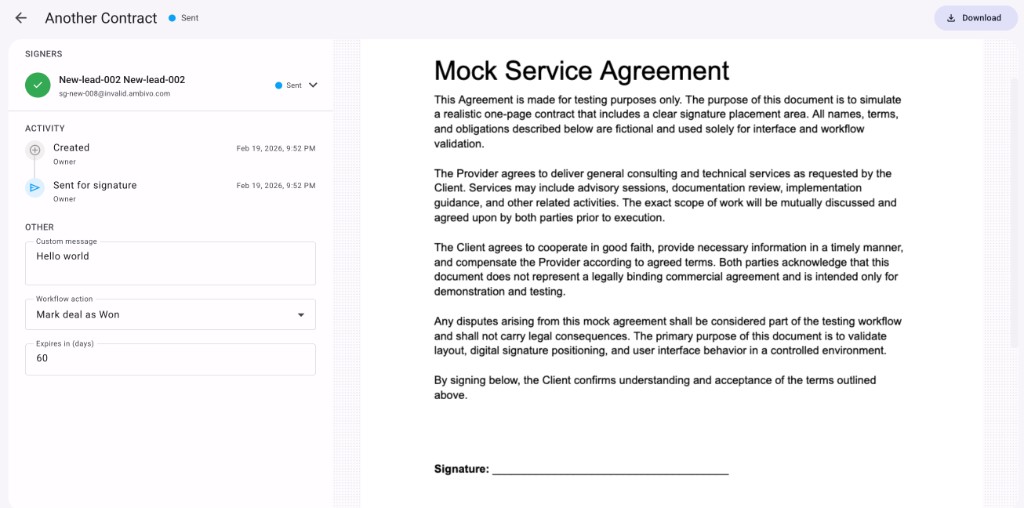 Ambivo E-Sign contract view with signers, activity timeline, custom message, and workflow action settings