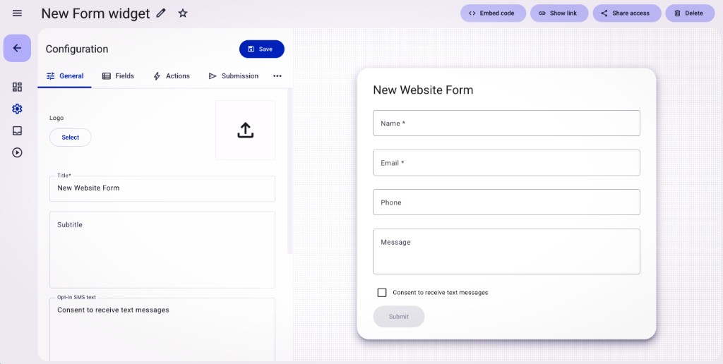 Ambivo form widget builder with configuration panel, live preview, and embed options